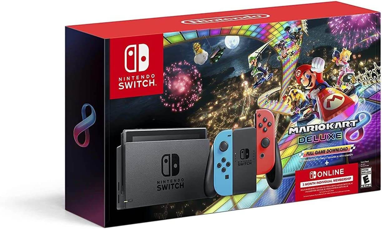  Nintendo Switchâ„¢ w/ Neon Blue & Neon Red Joy-Conâ„¢ + Mario Kartâ„¢ 8 Deluxe (Full Game Download) + 3 Month Nintendo Switch Online Individual Membership