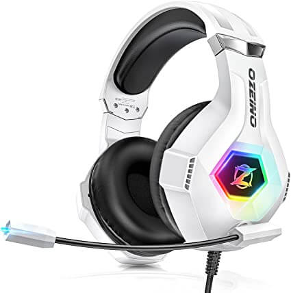 Gaming Headset PS4 PS5 Headset, PC Gaming Headphones with Deep Bass Soft Memory Earmuffs Noise Cancelling Microphone RGB Led Light for PC, Switch, Laptop